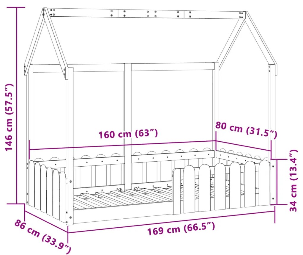 Cama infantil formato casa 80x160 cm madeira de pinho maciça