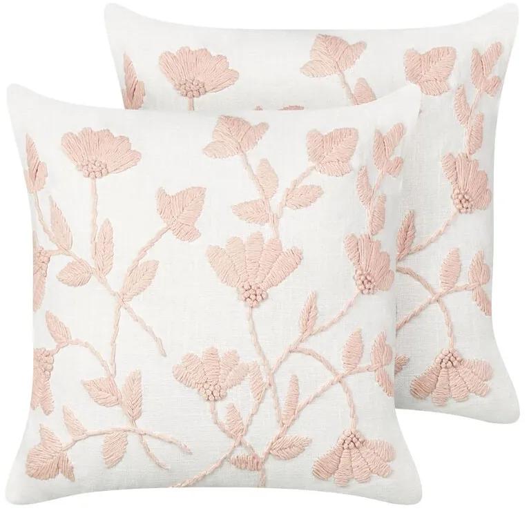 Conjunto de 2 almofadas decorativas com padrão floral em algodão branco e rosa 45 x 45 cm LUDISIA Beliani