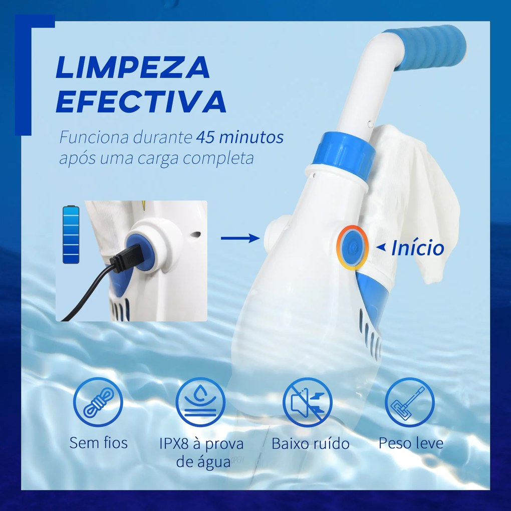 Outsunny Aspirador Limpador para Piscina Elétrico Autonomia de 45 Minutos com Poste Telescópico 54-113cm Escova e Bolsa de Malha para Piscinas Spas 161x20x17cm Azul e Branco