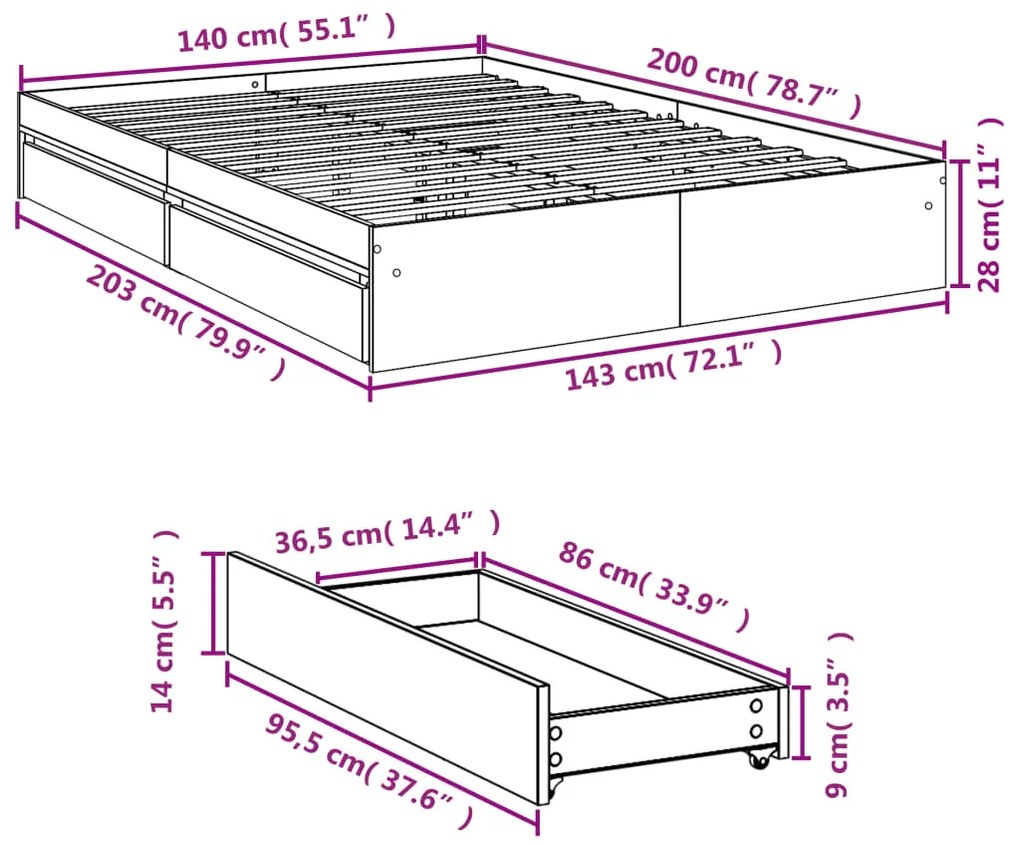 Estrutura de cama c/ gavetas 140x200cm derivados madeira branco