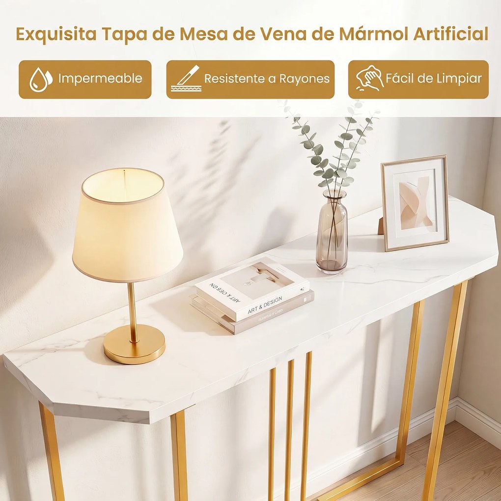 Mesa de Consola, 110 x 30 x 91 cm, Tampo com Imitação de Mármore, Natural + Branco