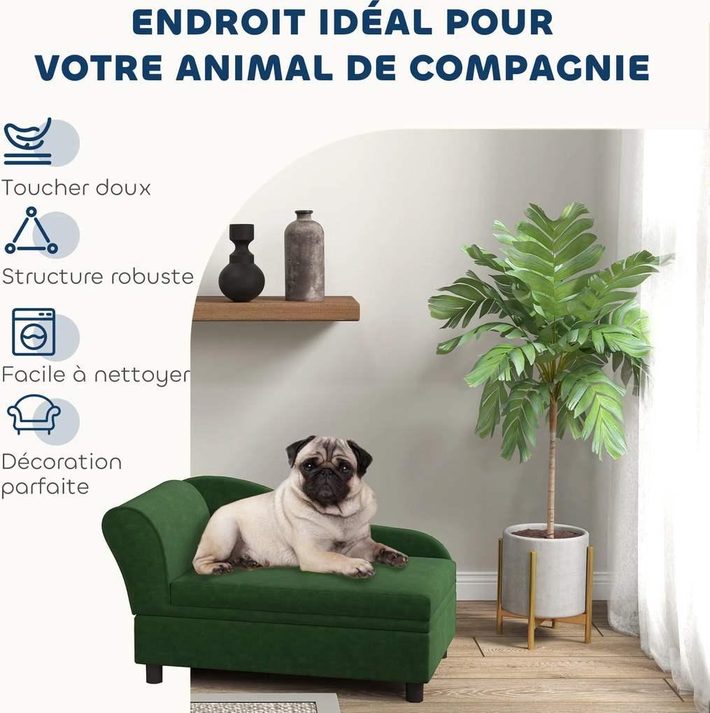 Cama para cães e gatos 76 x 45 x 43 cm com pés e baú de arrumação, estilo moderno, almofada de assento removível, verde