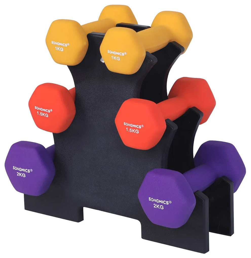 Conjunto de halteres hexagonais com stand para treino em casa. | SONGMICS | 34 x 30 x 14,5 cm | amarelo, laranja e roxo | SYL69BK.