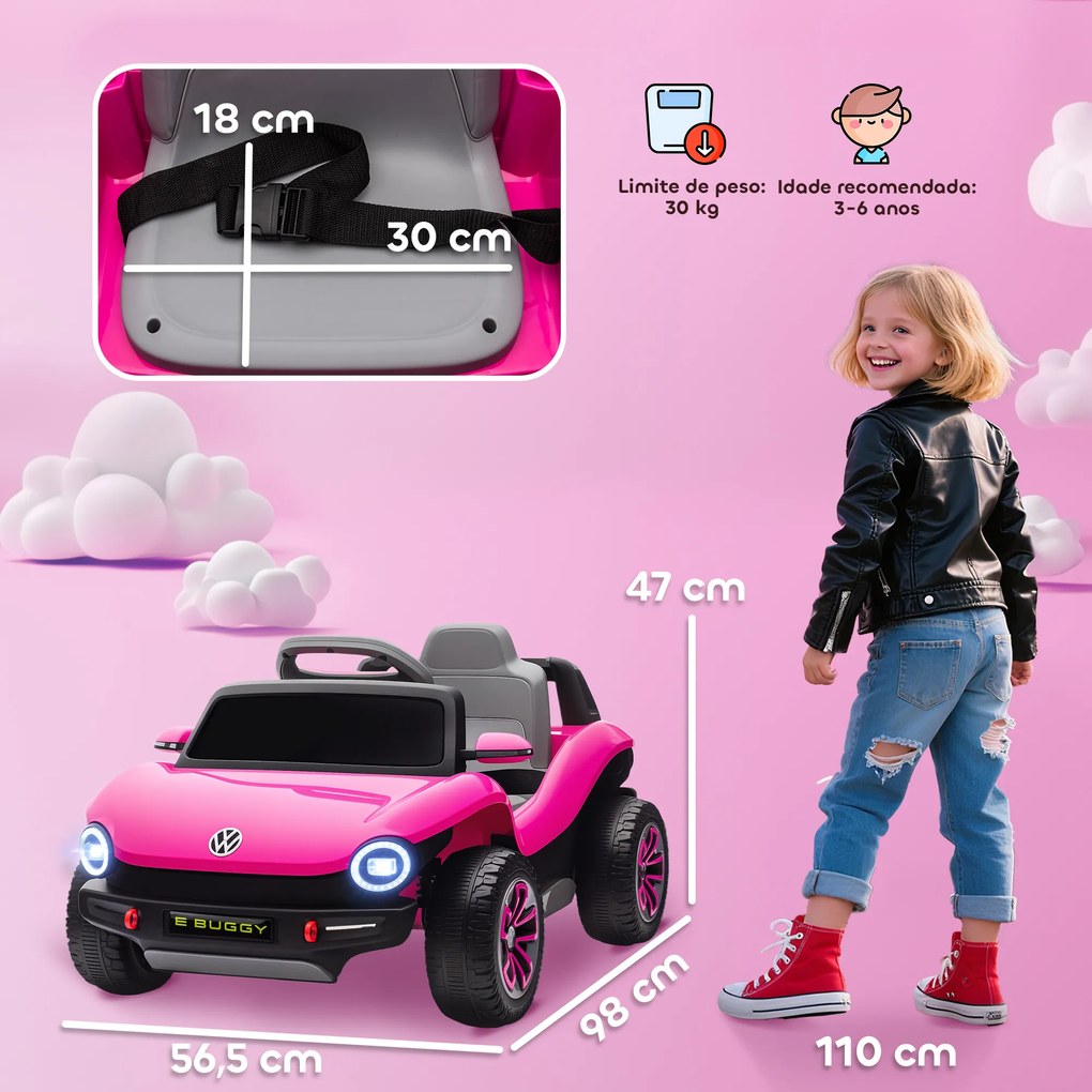 Carro Elétrico para Crianças Volkswagen E-Buggy Bateria 12V com Controlo Remoto 2,4 G Faróis LED Música USB 98x56,5x47 cm Rosa