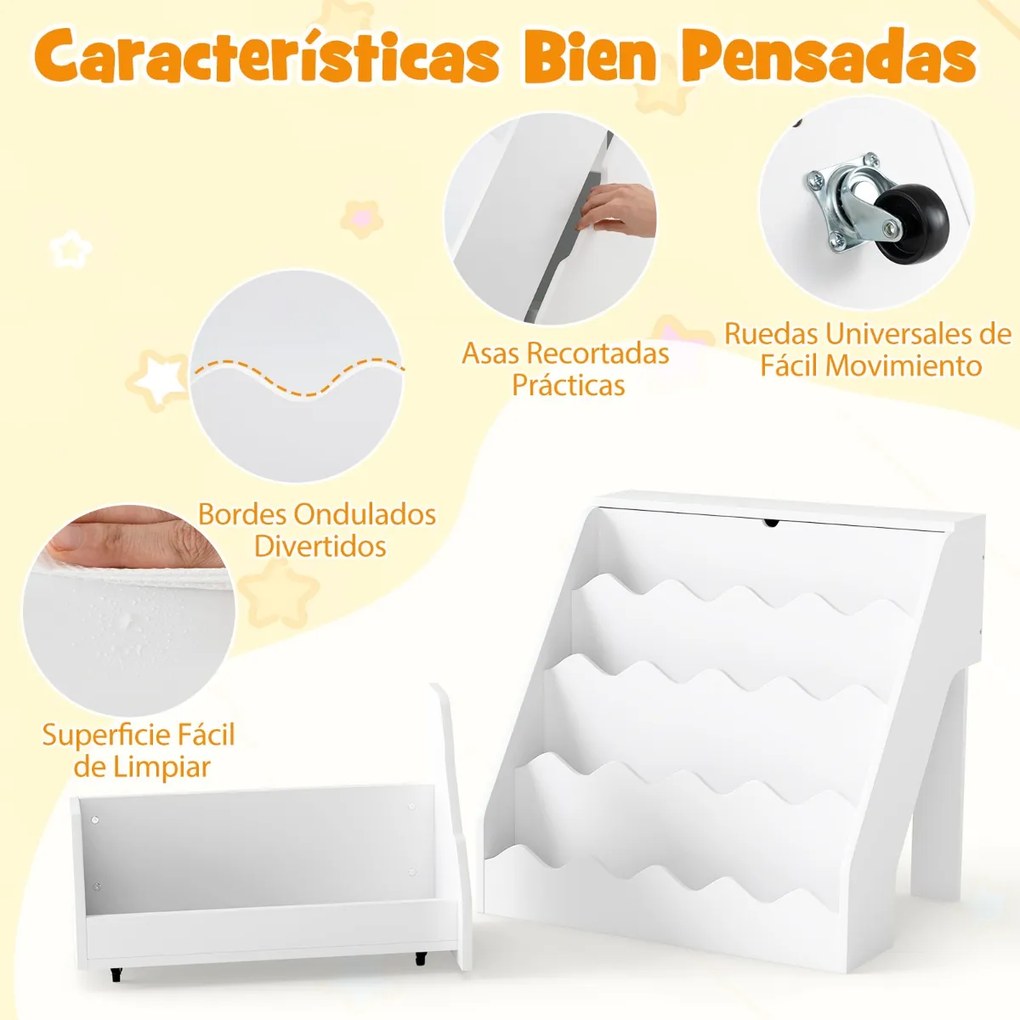 Estante de madeira para crianças 63 x 49 x 61,5 cm  com 4 níveis, prateleiras abertas, gaveta com rodas e caixa com tampa para sala de jogos, cor made