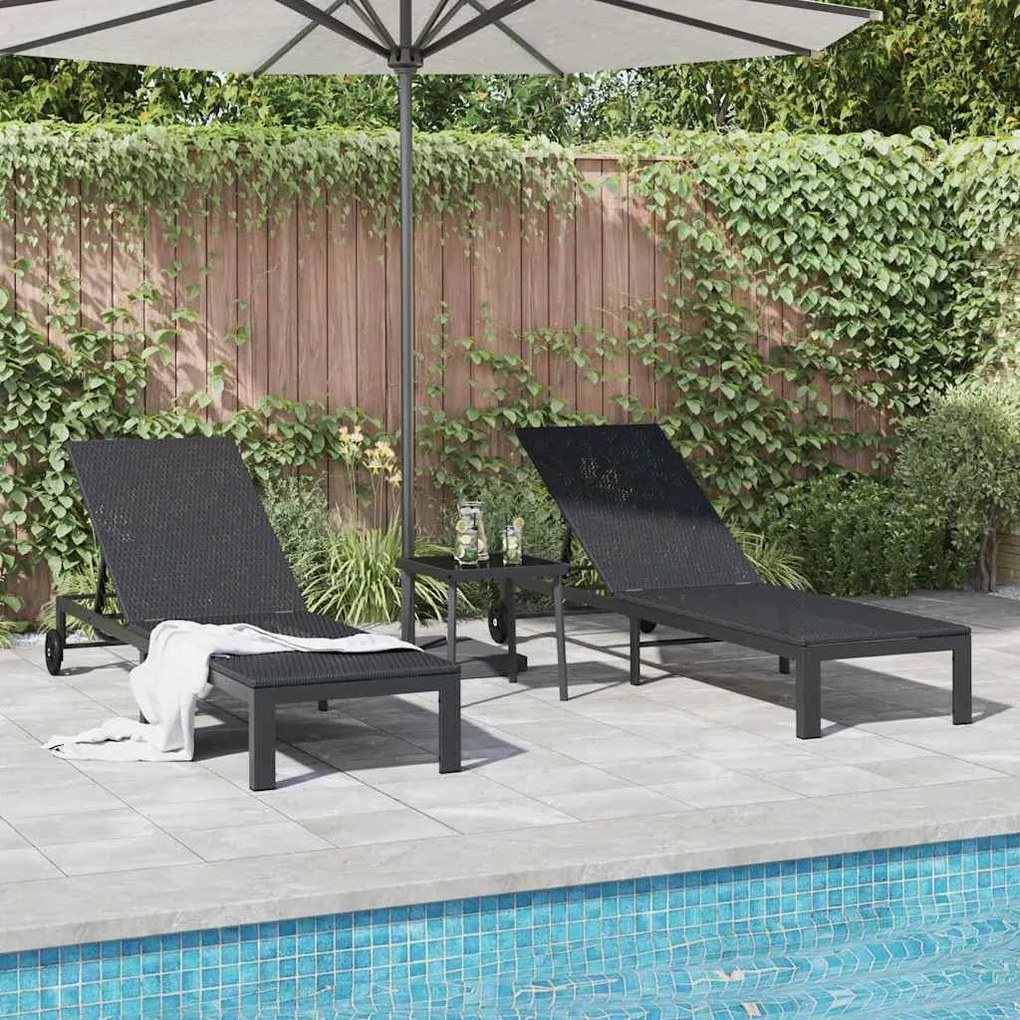 Espreguiçadeiras 2 pcs com Rodas e Mesa em Rattan Preto