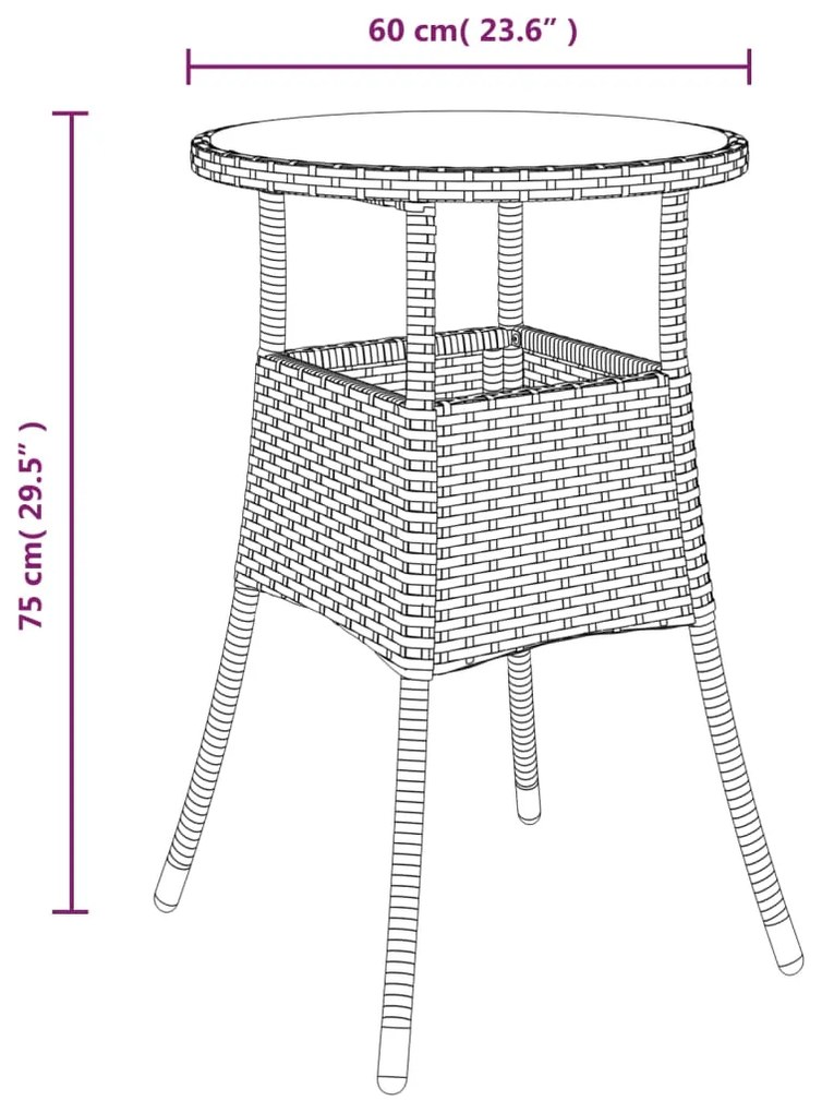 3 pcs conjunto jantar jardim com almofadões vime PE/vidro bege