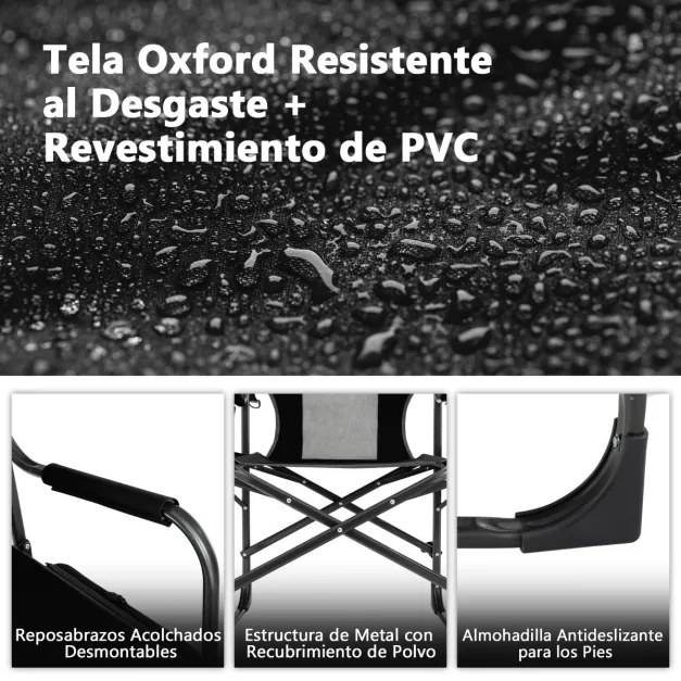 Cadeira de campismo dobrável Cadeira de diretor com mesa lateral Saco térmico Carga 180 kg para caminhadas Pesca Piquenique 113 x 56 x 98 cm Preta