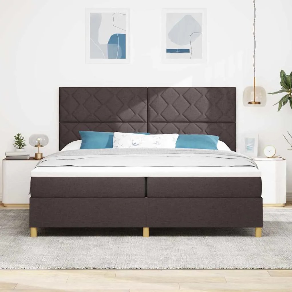 Cama Box Spring com Colchão &amp; LED Castanho Escuro 200x200 cm Tecido