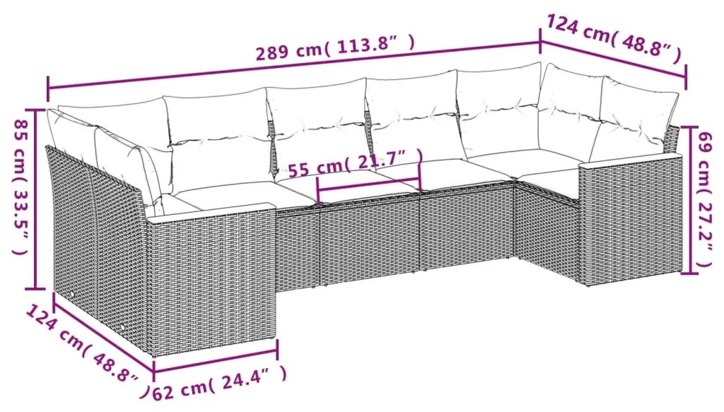 7 pcs conjunto de sofás p/ jardim c/ almofadões vime PE preto