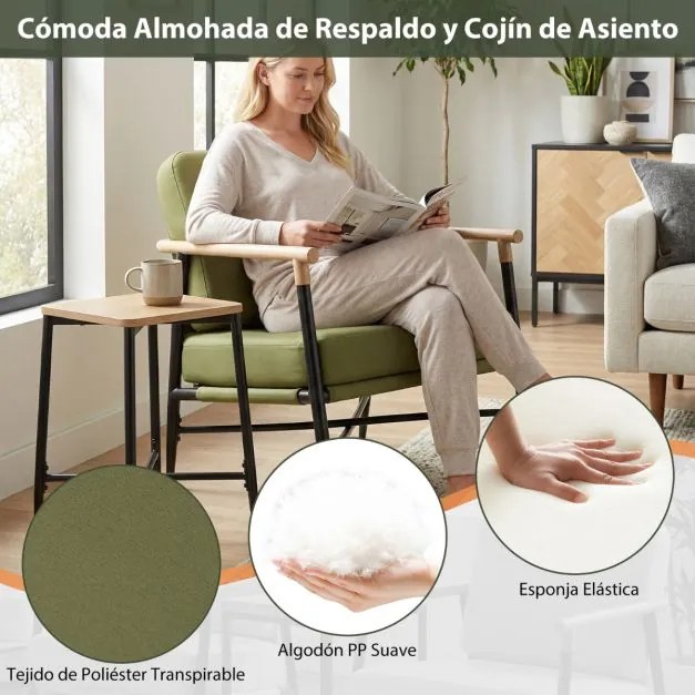 Poltrona moderna de sala com almofadas removíveis com fecho de correr, estrutura em metal e pés ajustáveis, confortável, verde