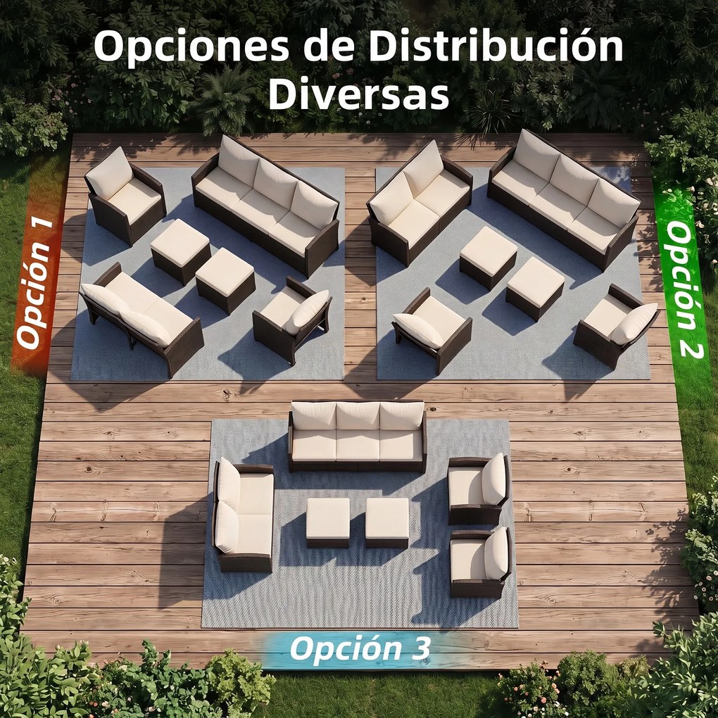 Conjunto de 6 Peças de Mobiliário de Jardim, 2 Sofás, 2 Poltronas e 2 Apoios de Pés, Almofadas Removíveis, Castanho e Bege