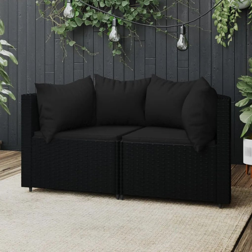 vidaXL Sofás de canto p/ jardim c/ almofadões 2 pcs vime PE preto