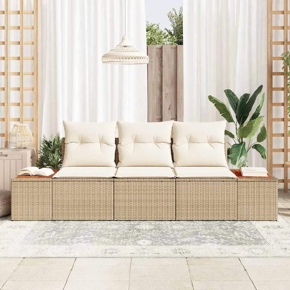 Conjunto de Sofás de Jardim de 3 Peças com Almofadas Bege Poli Rattan