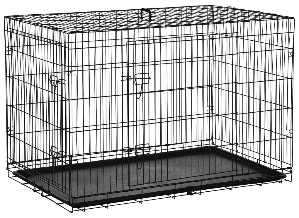 PawHut Gaiola para Cães com 2 Portas Gaiola para Animais de Estimação de Arame Dobrável com Alça de Transporte 121x74,5x81cm Preto