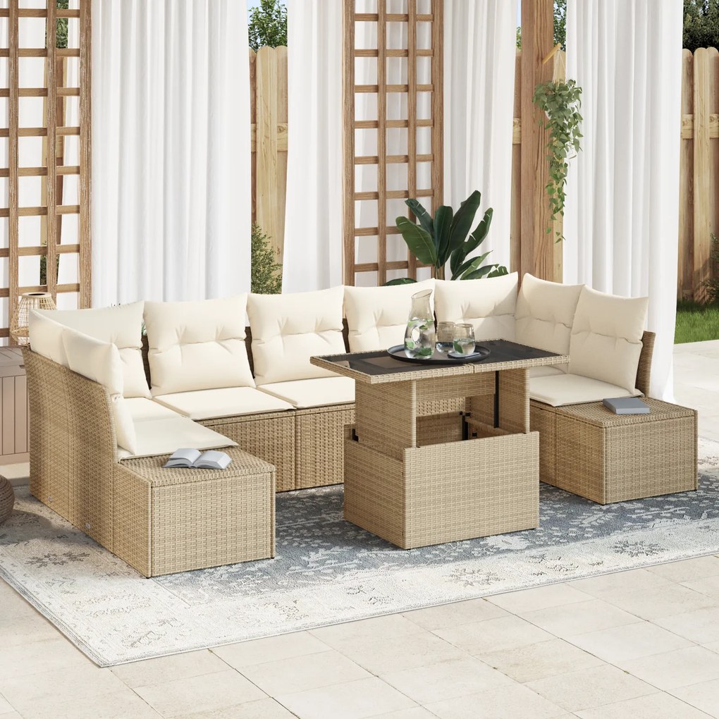Conjunto de Sofá de Jardim 8 Peças com Almofadas Bege em Rattan Sintét