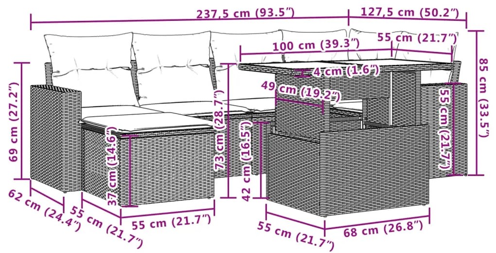 7 pcs conjunto sofás p/ jardim c/ almofadões vime PE cinzento
