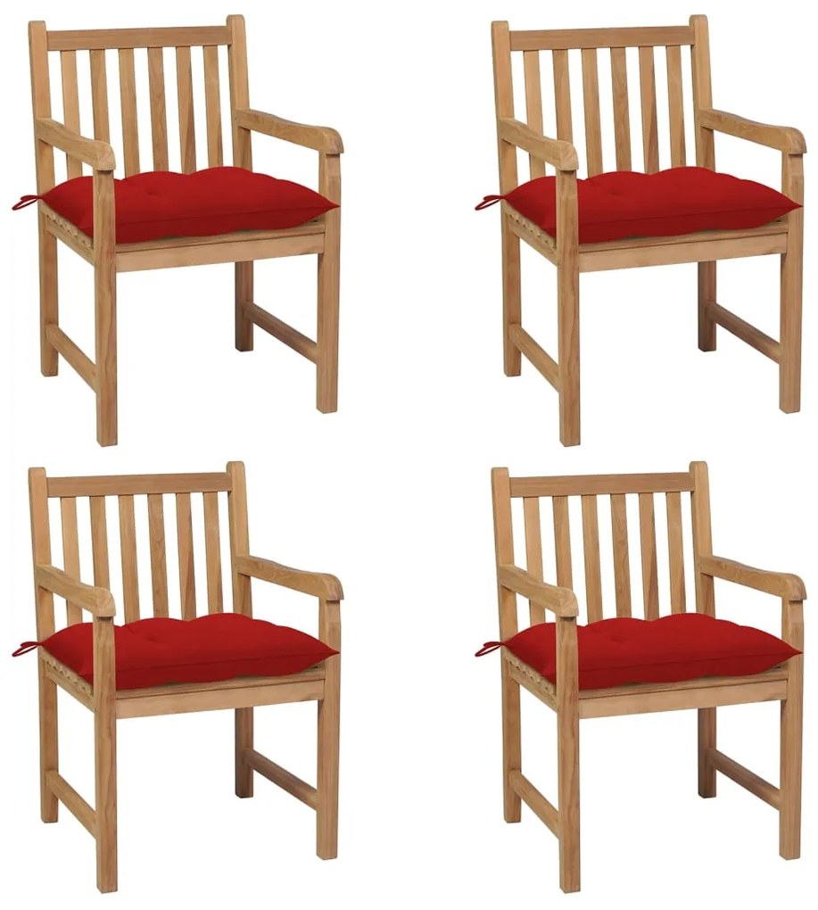 vidaXL Cadeiras de jardim c/ almofadões vermelhos 4 pcs teca maciça