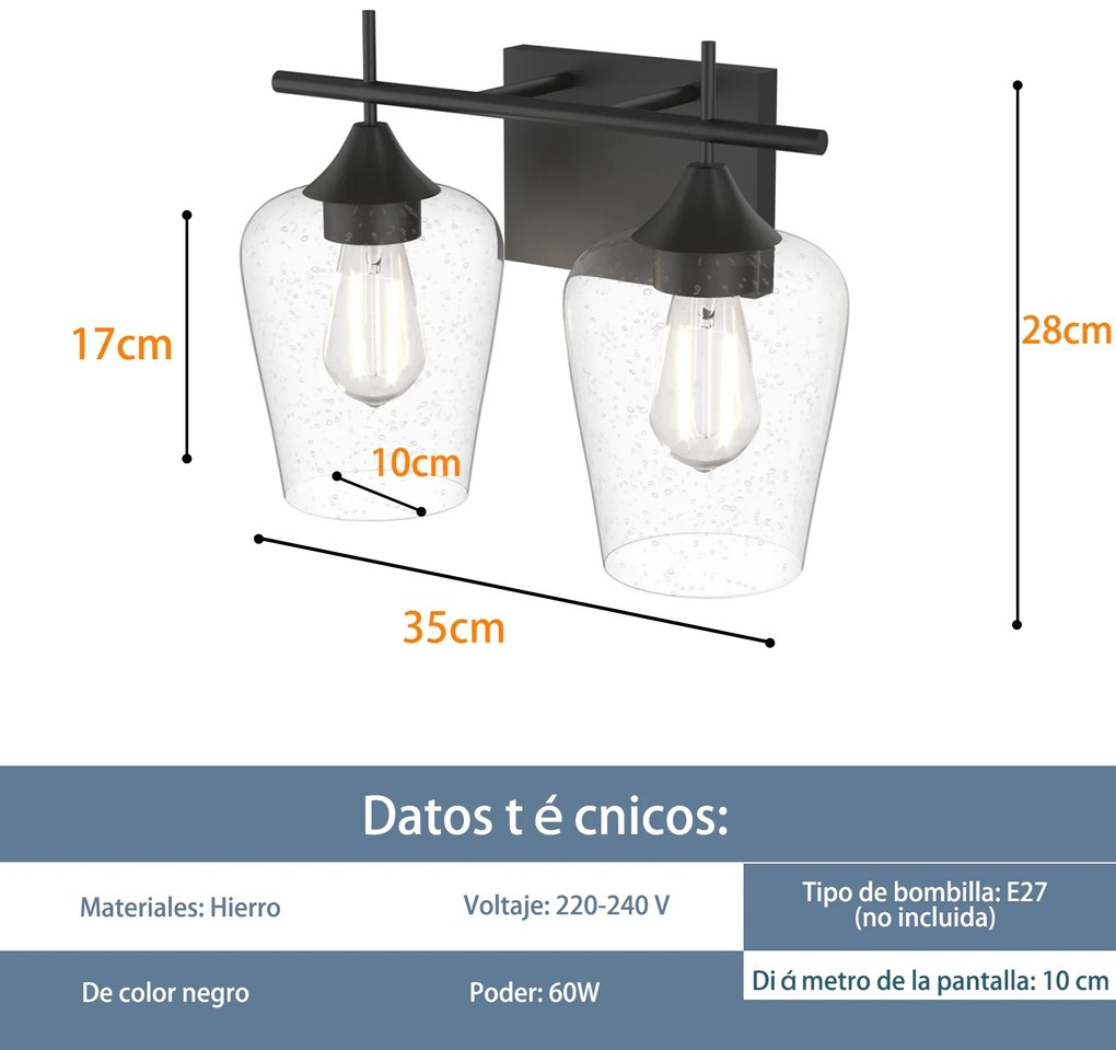 Candeeiro de Parede com 2 Velas de Parede em Forma de Sombra de Vidro Suporte de Vela de Parede Acima do Espelho e Mesa 35 x 17 x 28 cm