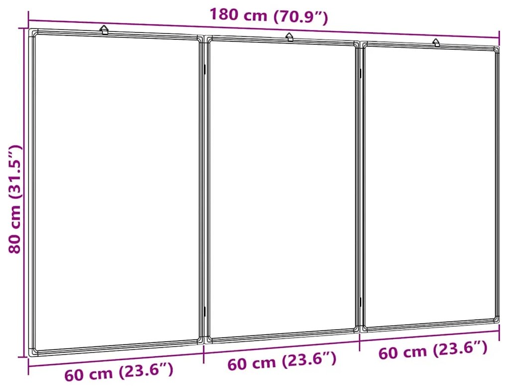 Quadro branco magnético dobrável 180x80x1,7 cm alumínio