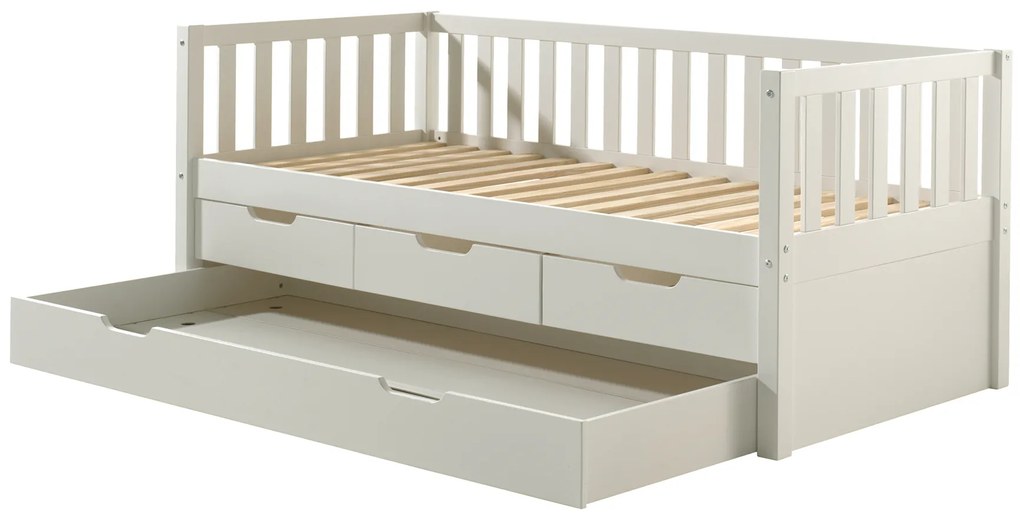 Cama infantil FRITZ (90x200) com 3 gavetas + Gaveta inferior + Estrado Branca