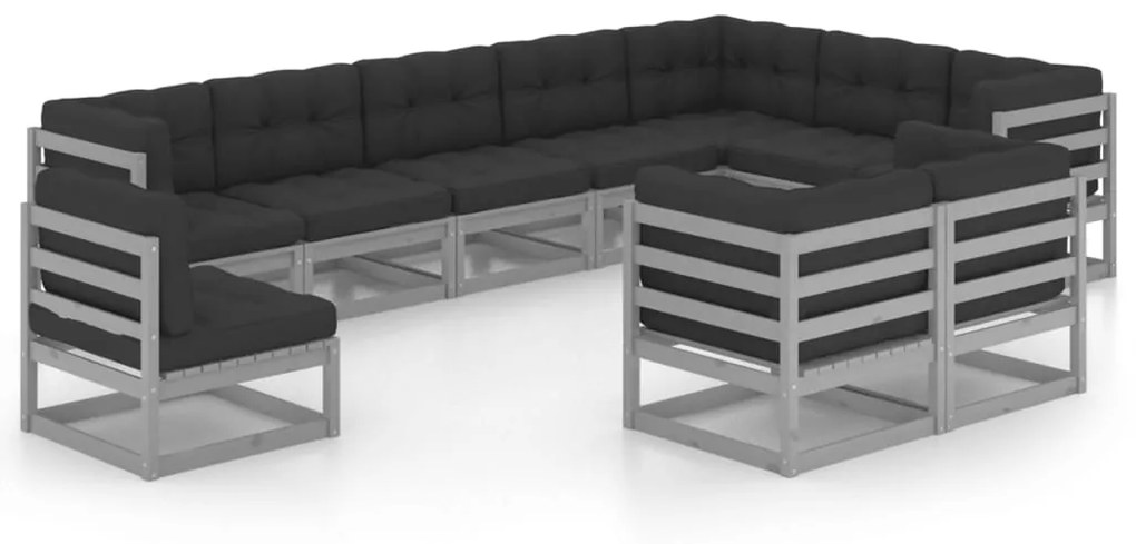 3076866 vidaXL 10pcs conjunto lounge de jardim + almofadões pinho maciço cinza
