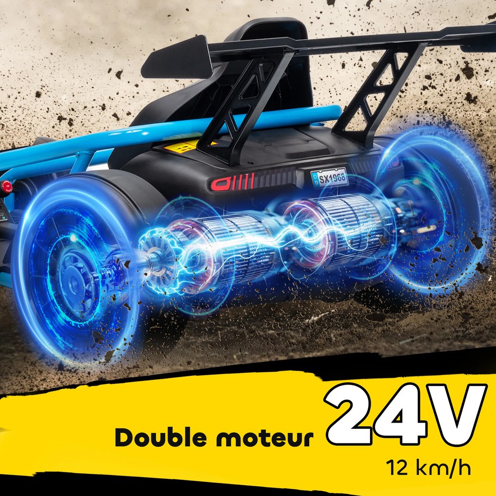 Kart elétrico GoKart para crianças, com 2 motores de 24 V, modo de derrapagem a 13 km/h, 119 x 77 x 54 cm, azul