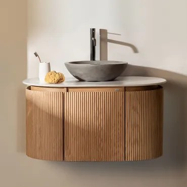 Conjunto De Móvel De Casa De Banho Suspenso 90x50 Cm Em Madeira Carsone Madeira Natural & Sem Unidade Auxiliar & Cimento Cinzento Redondo - Sklum