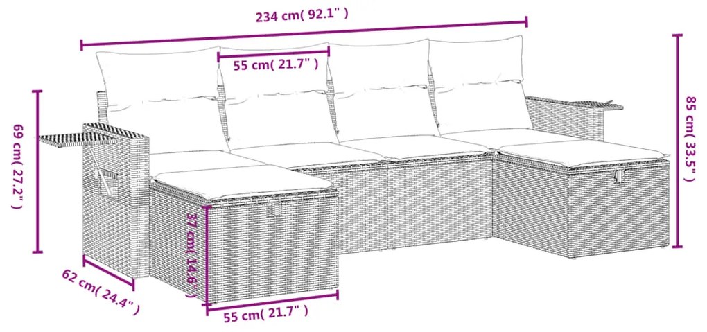 6 pcs conjunto de sofás jardim c/ almofadões vime PE castanho