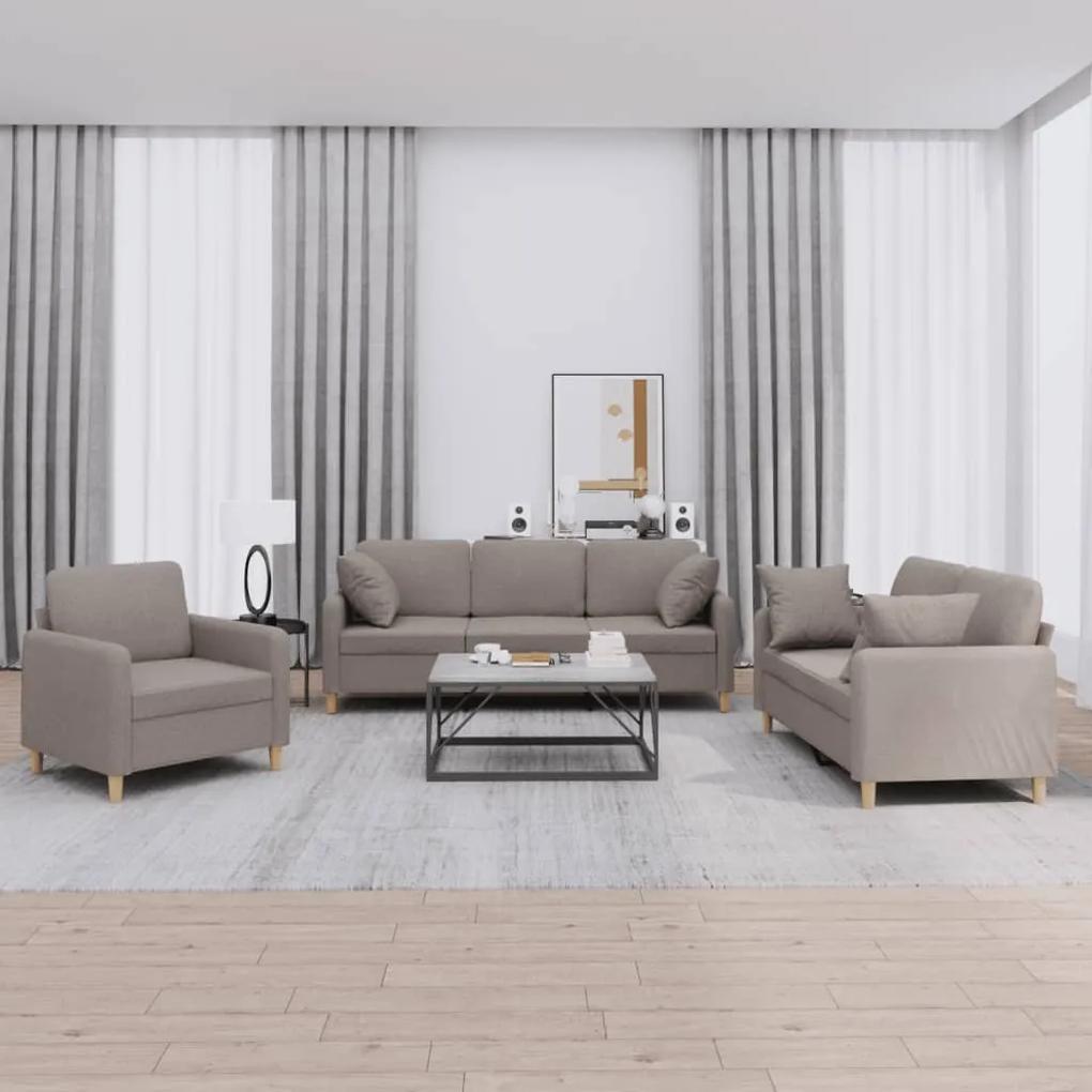 3 pcs conjunto de sofás com almofadas tecido cinza-acastanhado
