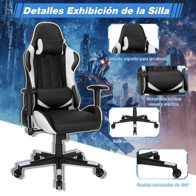 Cadeira giratória para gaming ergonómica para computador Reclinável Ajustável em estilo Carrera com almofada lombar Branca e preta