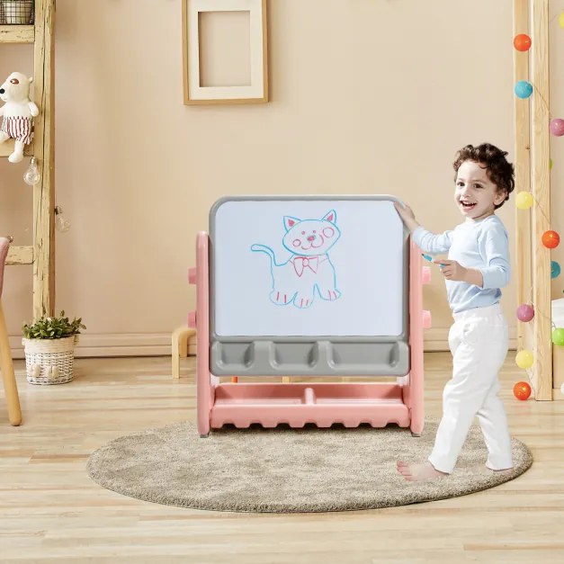 Conjunto de mesa e cadeira infantil de desenho magnético 2 em 1 com grande espaço ajustável em altura e acessórios para desenhar rosa
