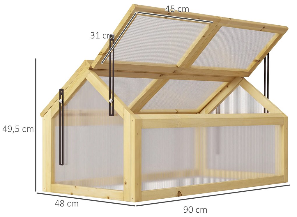 Estufa de Madeira com Painéis de Policarbonato Estufa de Jardim com 4 Janelas Abatíveis para Cultivo de Plantas Terraço Exterior 90x48x49,5cm Transpar