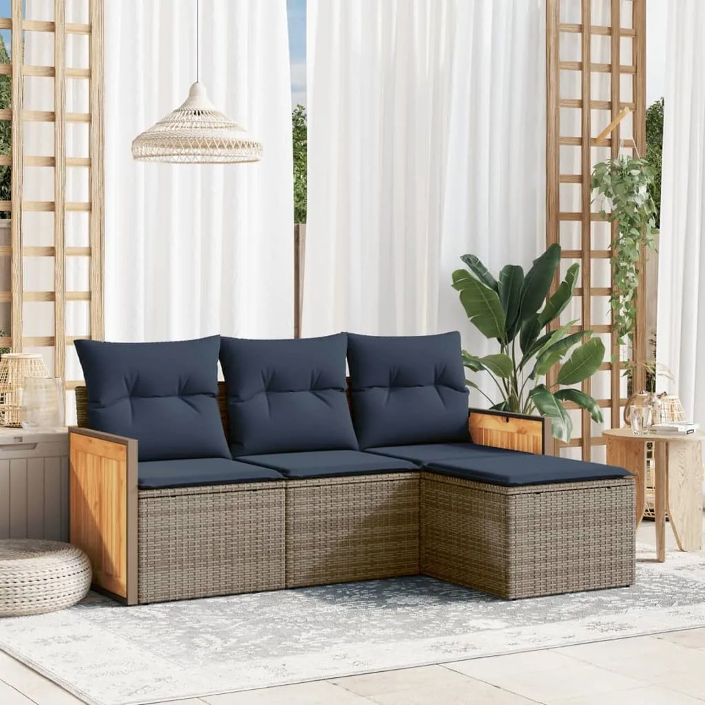vidaXL 4 pcs conjunto sofás p/ jardim c/ almofadões vime PE cinzento