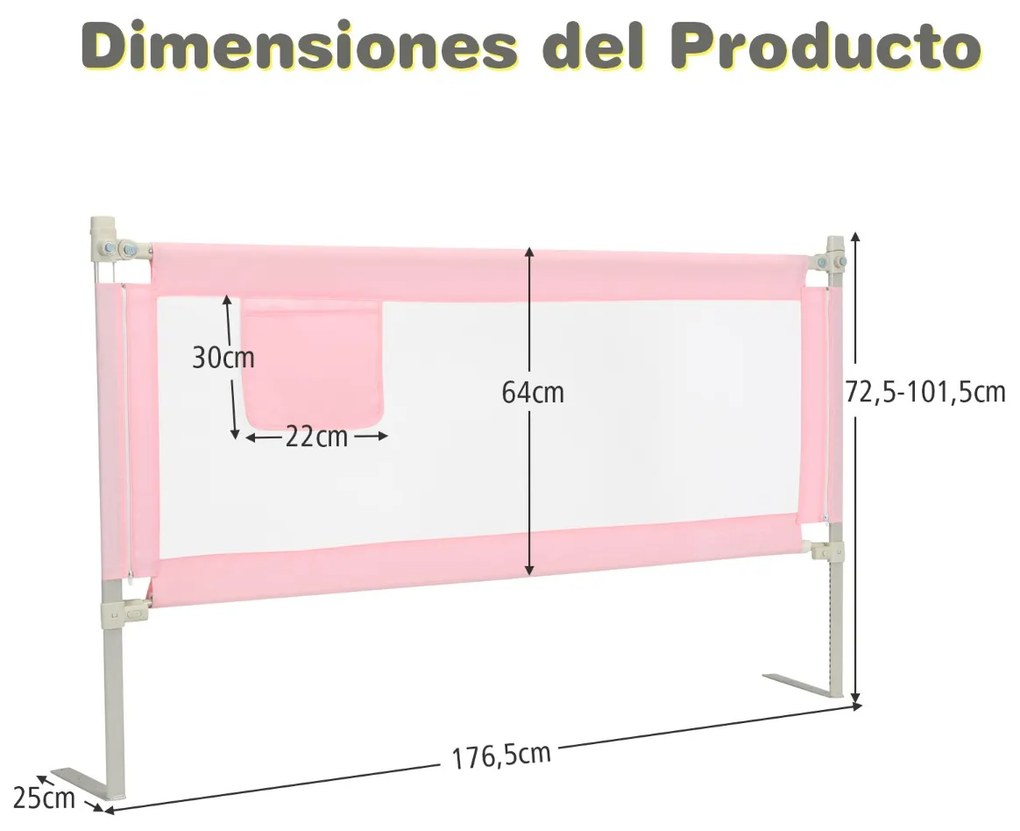 Barra de Segurança de cama para crianças com bolso lateral e altura ajustável 72,5-101,5 cm Rosa