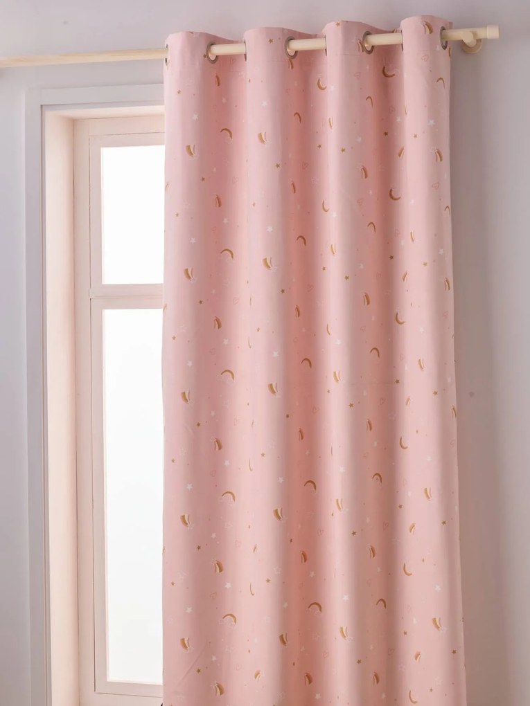 Agora -15%: Cortinado opaco, com ilhós, fosforescente e estampado com arco-íris rosa claro liso com motivo