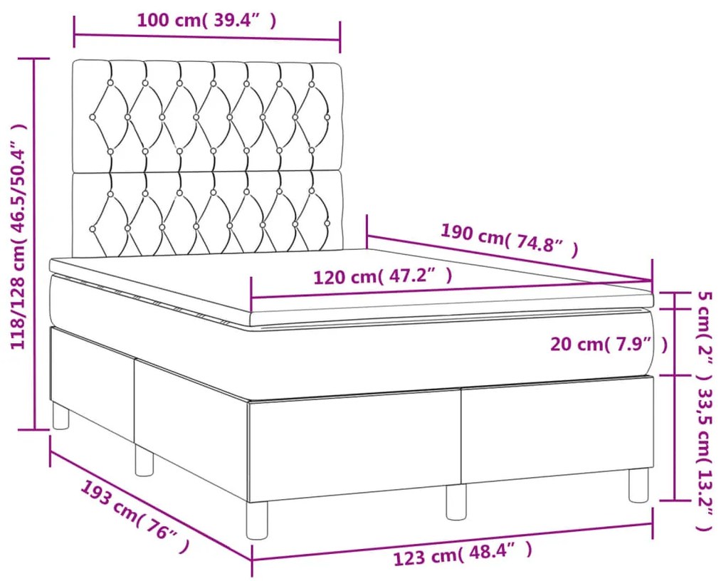 Cama box spring colchão LED 120x190 cm couro artif. cinza-claro
