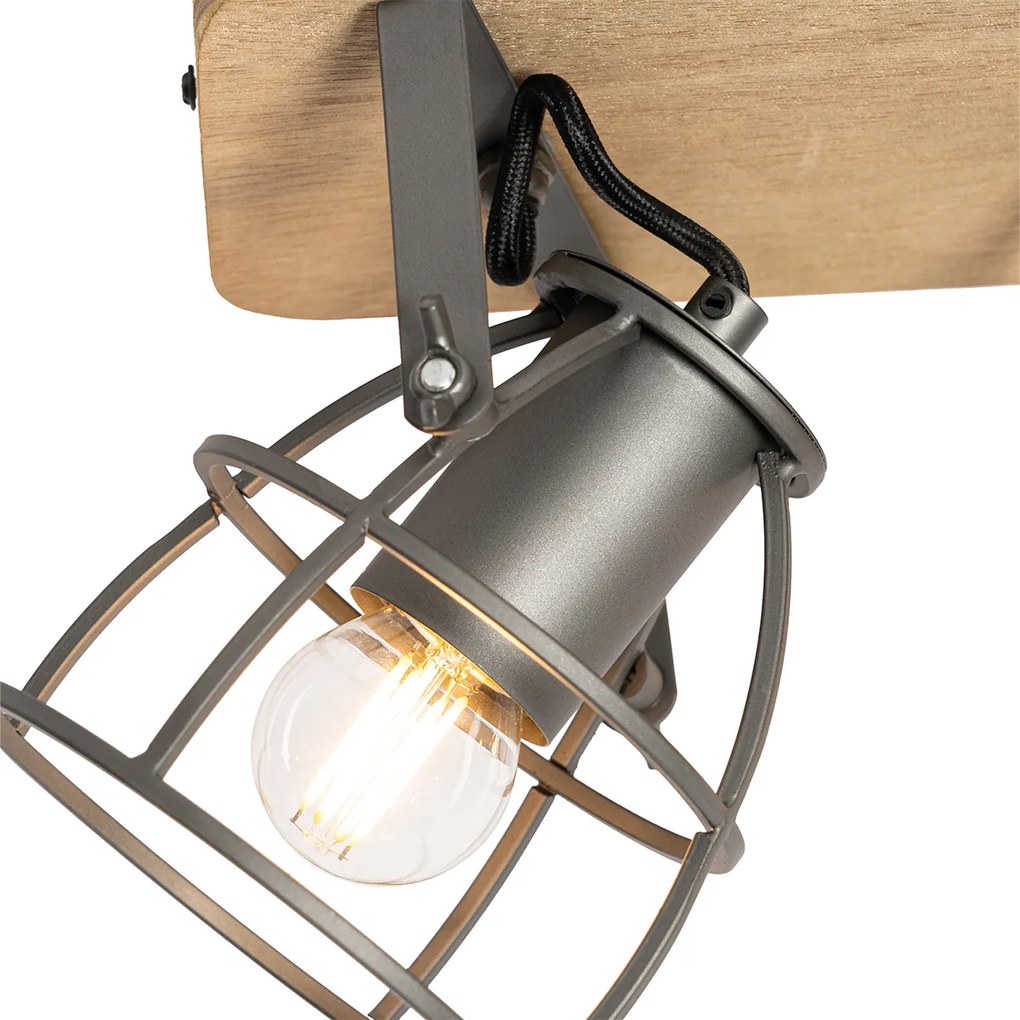 Candeeiro de teto industrial cinzento escuro com madeira ajustável 3-luzes - Arthur Industrial