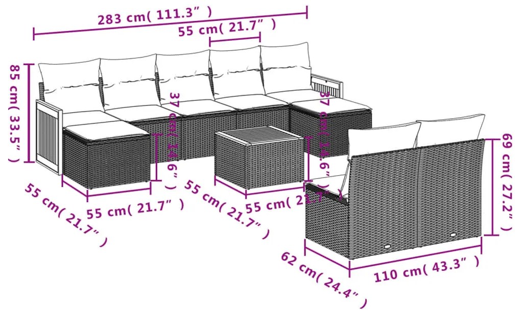 10 pcs conjunto sofás de jardim c/ almofadões vime PE preto