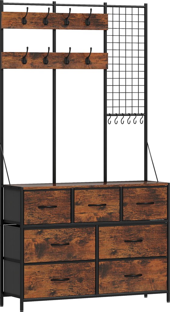 Suporte para Cabides Móvel de Arrumação com Sapateira 14 Ganchos 7 Gavetas de Tecido e Prateleira 100x30x183 cm Castanho Rústico