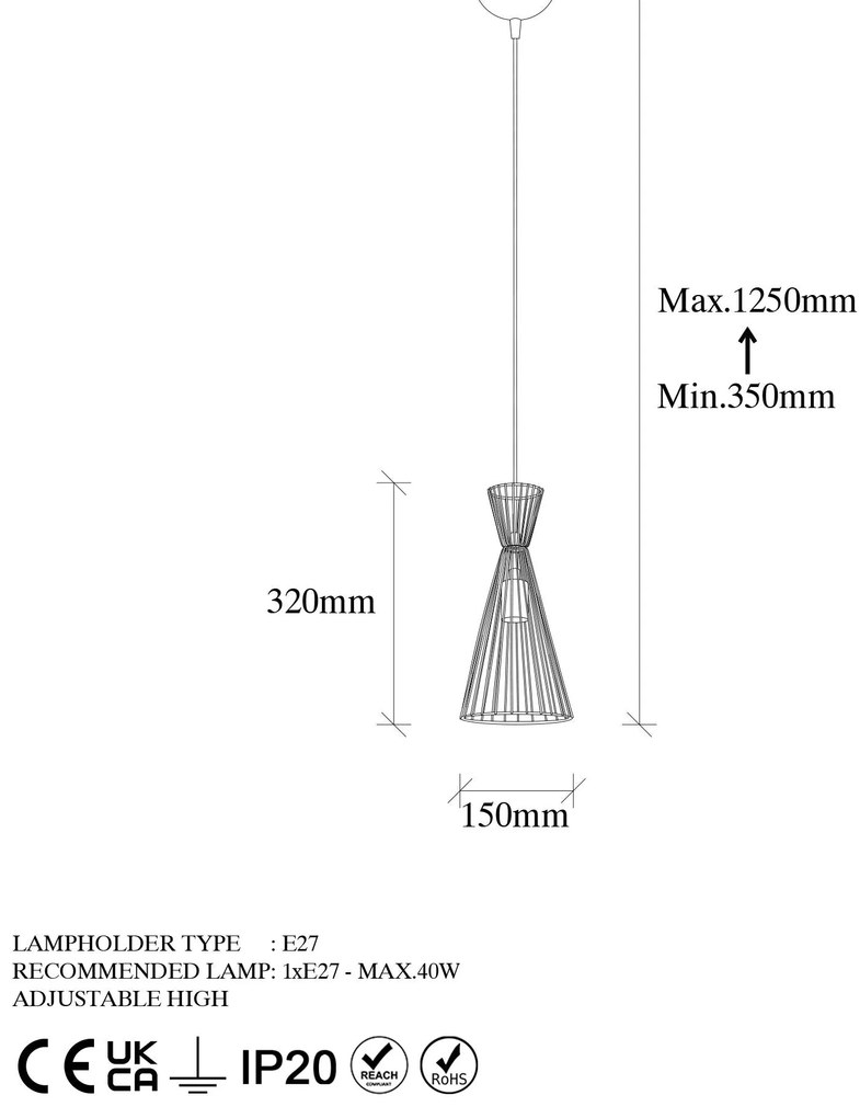 Candeeiro Suspenso Teltom – Dourado Brilhante – 15 x 15 x 125 cm