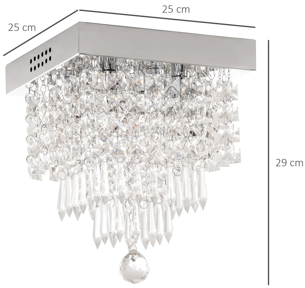 HOMCOM Candeeiro de Teto de Cristal K9 Moderna com 4 Suporte para Lâmpadas G9 e Base de Aço Inoxidável Candeeiro de Aranha para Sala de Jantar Dormitório Sala de Estar Ø25x29cm Prata