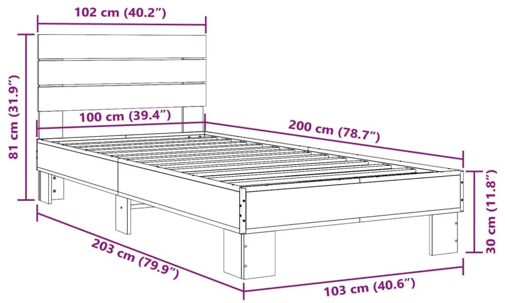 Estrutura cama 100x200 cm derivados madeira/metal cinza sonoma