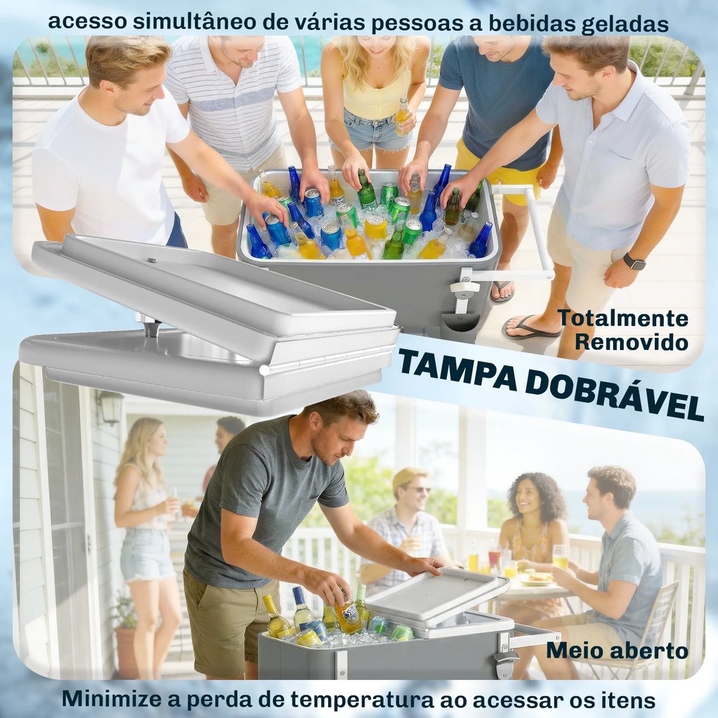 Carro Geleira de 56L com Rodas Prateleira Abre-Garrafas Coletor de Tampas Dreno e Pega para Jardim Festas 84x38x83 cm Cinzento