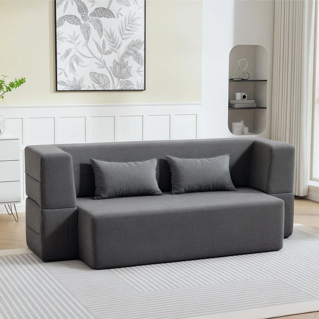 Sofá-cama de 2 Lugares, 203 x 95 x 75 cm, Transformável em Cama de Casal, Cinzento