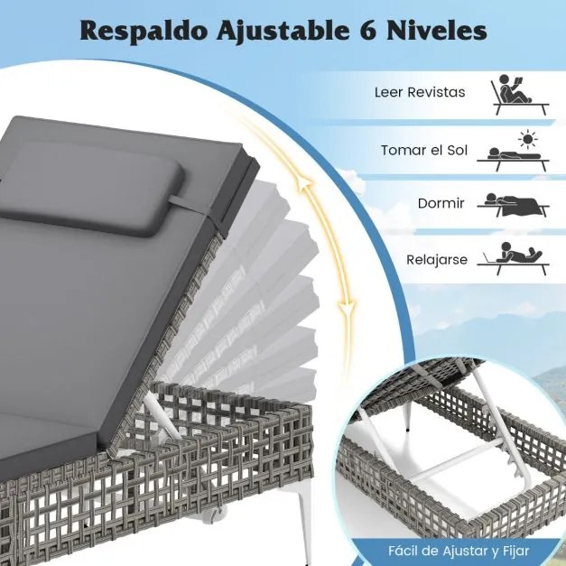 Espreguiçadeira de jardim com encosto ajustável em 6 níveis, almofada e apoio para a cabeça removíveis com capa com fecho de correr cinzenta