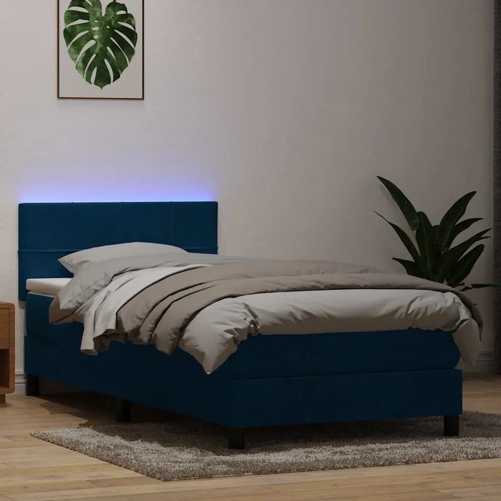 vidaXL Cama box spring c/ colchão e LED 80x220 cm veludo azul-escuro