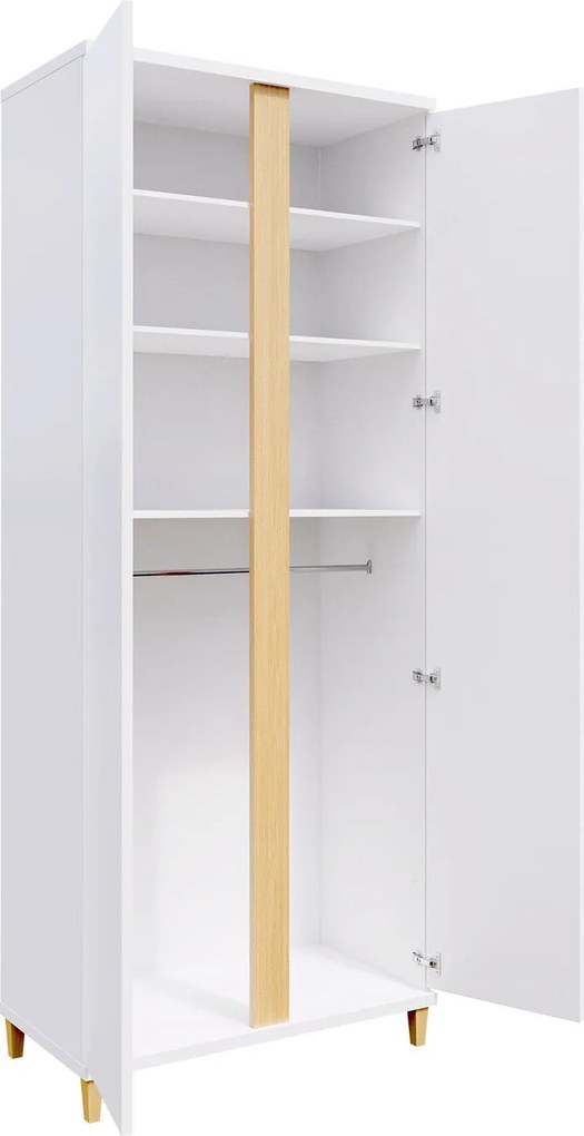 Roupeiro Florem, Madeira clara, Branco, Branco brilhante, 200x90x55cm, 64 kg, Portas para roupeiro: Com dobradiças, Número de prateleiras: 3, Número de prateleiras: 3
