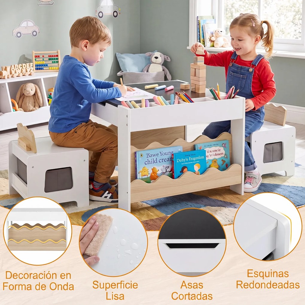 Conjunto de Mesa Infantil e 2 Cadeiras, 66 x 64 x 48 cm, Tabuleiro Reversível, Natural