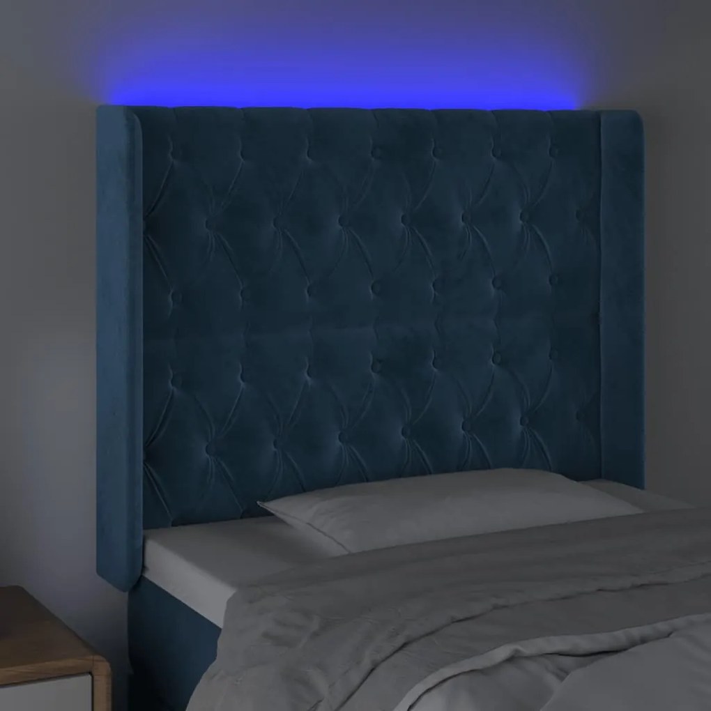 Cabeceira cama c/ luzes LED veludo 93x16x118/128 cm azul-escuro